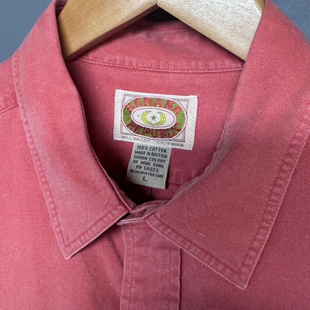 Vintage Banana Republic Safari Shirt Mens Large Red Salmon Pink Cotton Epaulets - Picture 3 of 6